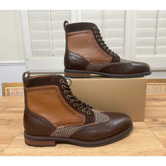 Stacy Adams Oswyn Wingtip Lace Boots Brown Multi Leather Textile Size 10 NWOB - Picture 2 of 12